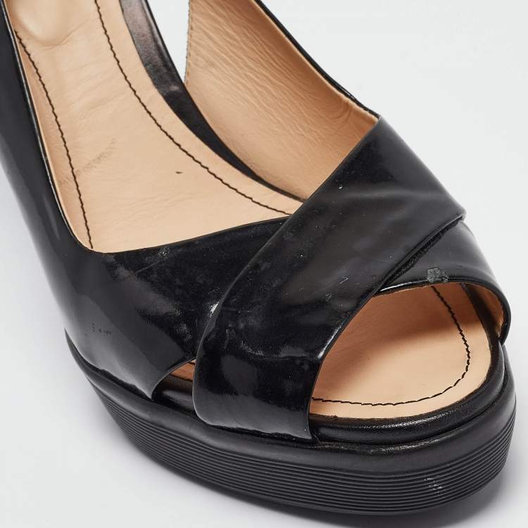 Pre Owned Tod's Black Patent Leather Criss Cross Platform Slingback Sandals Size 38.5