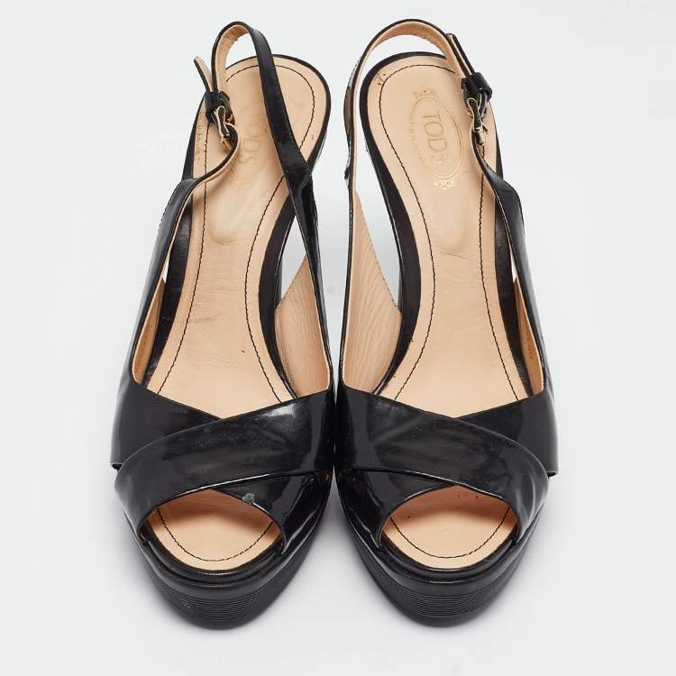 Pre Owned Tod's Black Patent Leather Criss Cross Platform Slingback Sandals Size 38.5