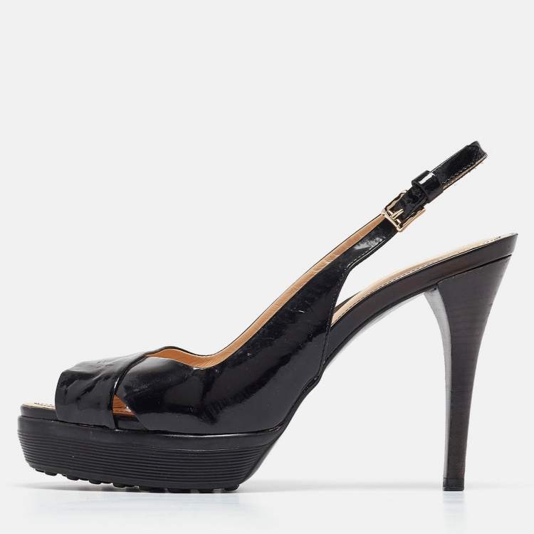 Pre Owned Tod's Black Patent Leather Criss Cross Platform Slingback Sandals Size 38.5