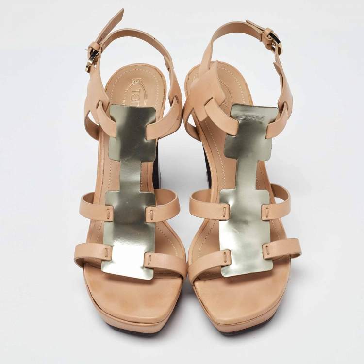 Pre Owned Tod's Beige/Metallic Grey Leather T-Bar Ankle Strap Platform Sandals Size 39.5 