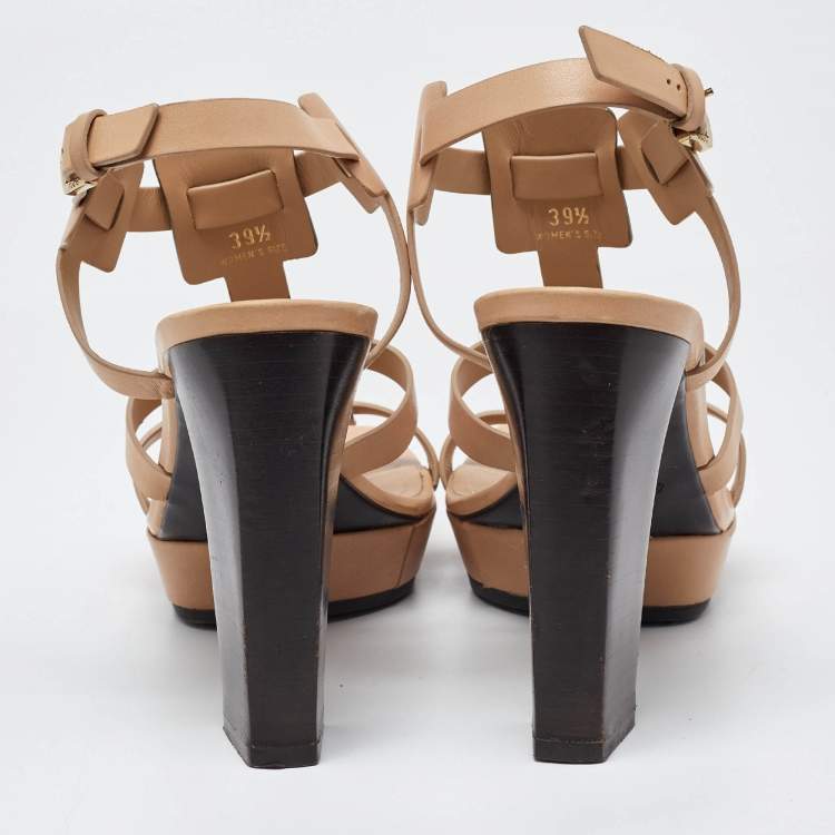 Pre Owned Tod's Beige/Metallic Grey Leather T-Bar Ankle Strap Platform Sandals Size 39.5 