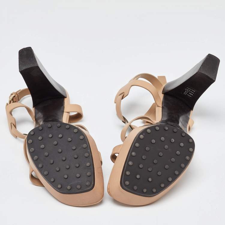 Pre Owned Tod's Beige/Metallic Grey Leather T-Bar Ankle Strap Platform Sandals Size 39.5 