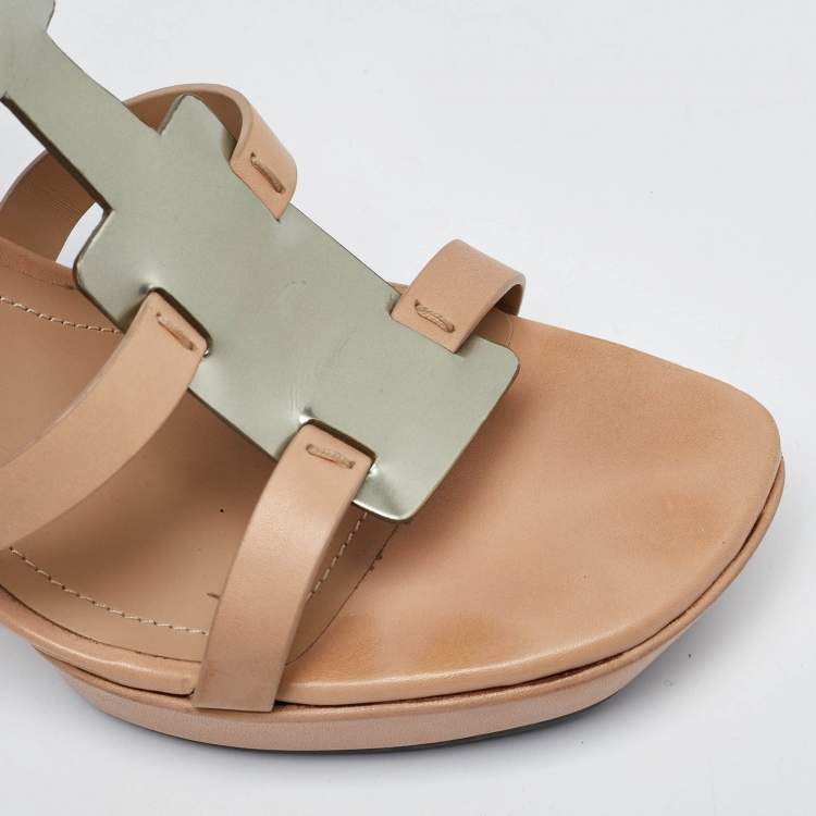 Pre Owned Tod's Beige/Metallic Grey Leather T-Bar Ankle Strap Platform Sandals Size 39.5 