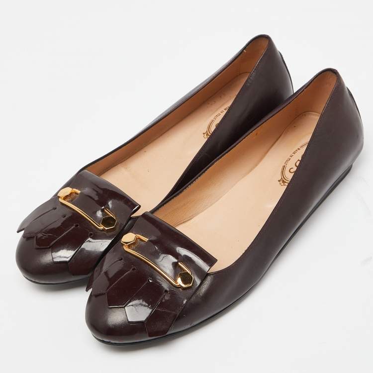 Pre Owned Tod's Burgundy Leather Fringe Detail Ballet Flats Size 38.5
