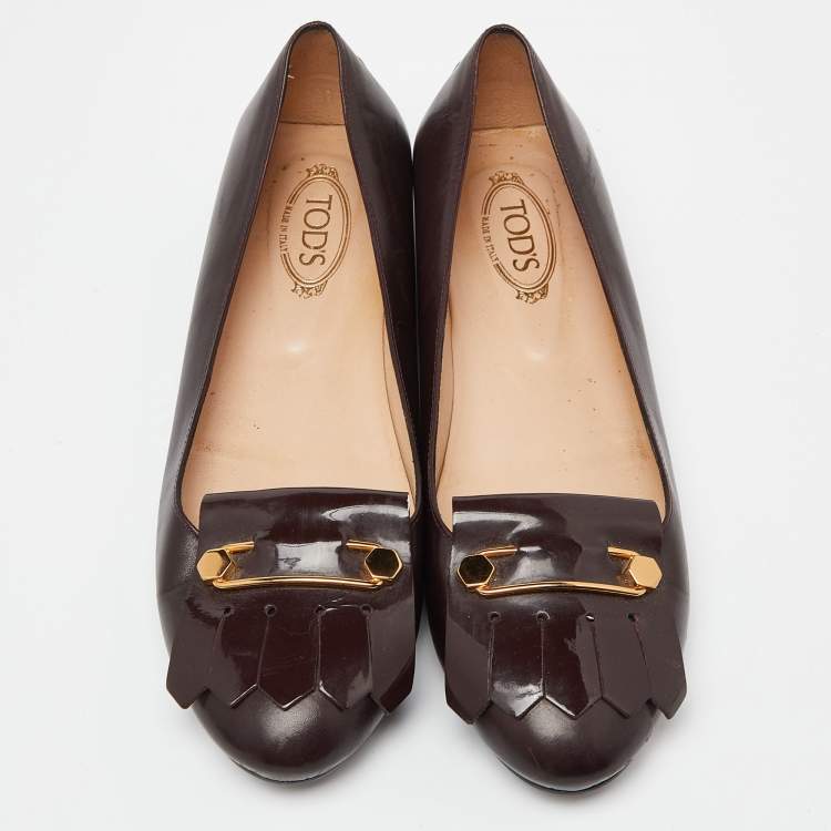 Pre Owned Tod's Burgundy Leather Fringe Detail Ballet Flats Size 38.5