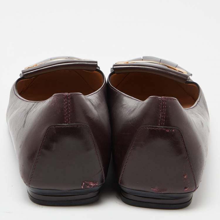 Pre Owned Tod's Burgundy Leather Fringe Detail Ballet Flats Size 38.5