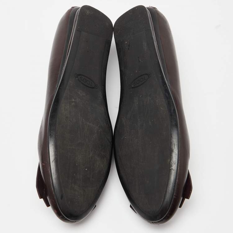 Pre Owned Tod's Burgundy Leather Fringe Detail Ballet Flats Size 38.5