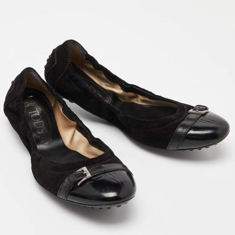 Pre Owned Tod's Black Suede and Leather Buckle Detail Scrunch Ballet Flats Size 36.5
