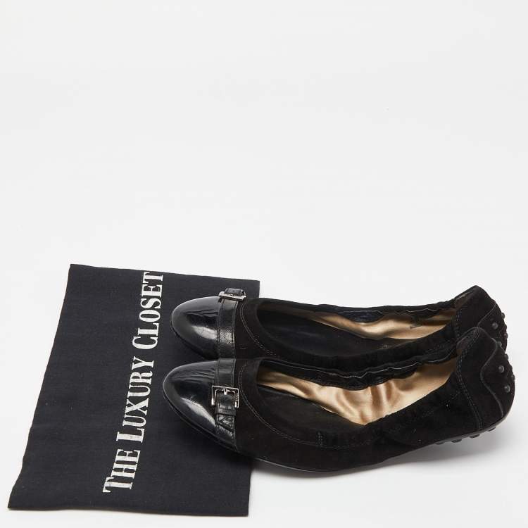 Pre Owned Tod's Black Suede and Leather Buckle Detail Scrunch Ballet Flats Size 36.5