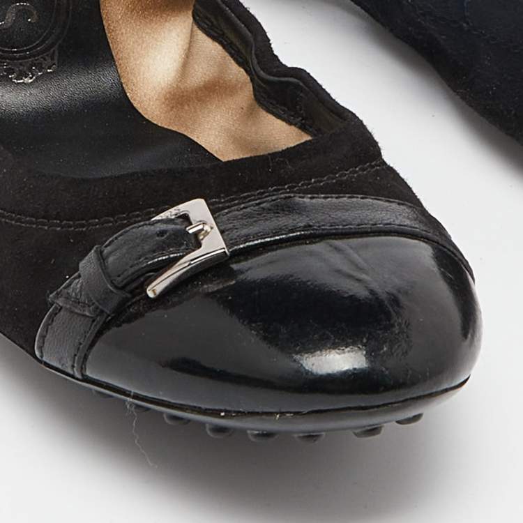 Pre Owned Tod's Black Suede and Leather Buckle Detail Scrunch Ballet Flats Size 36.5