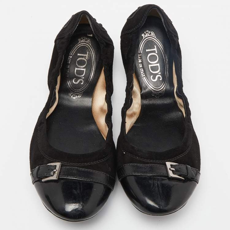 Pre Owned Tod's Black Suede and Leather Buckle Detail Scrunch Ballet Flats Size 36.5