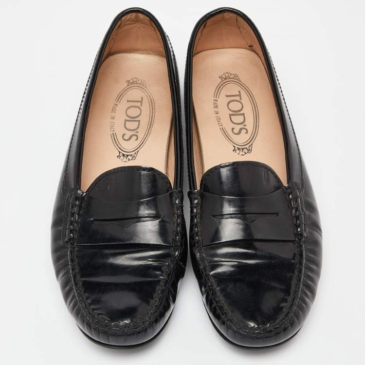 Pre Owned Tod's Black Patent Leather Penny Slip On Loafers Size 37