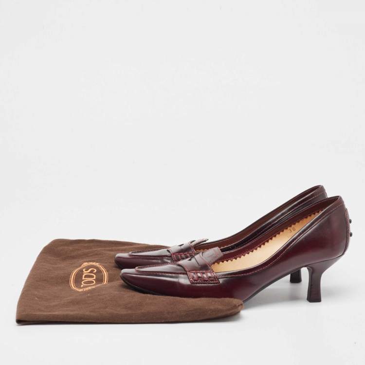 Pre Owned  Tod's Burgundy Leather Penny Loafer Pumps Size 36