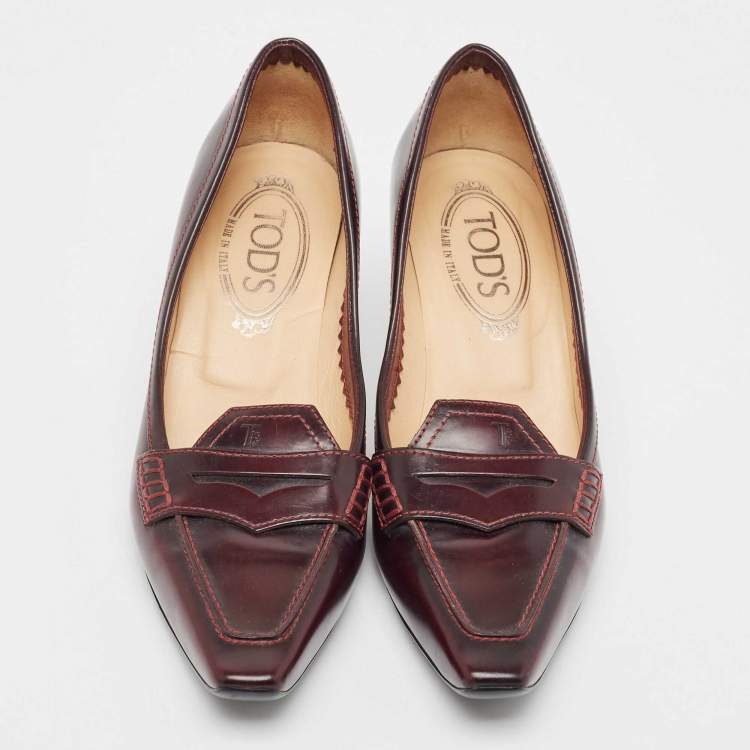 Pre Owned  Tod's Burgundy Leather Penny Loafer Pumps Size 36