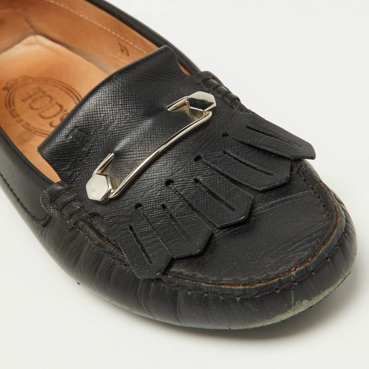 Pre Owned Tod's Black Leather Fringe Detail Slip On Loafers Size 39 
