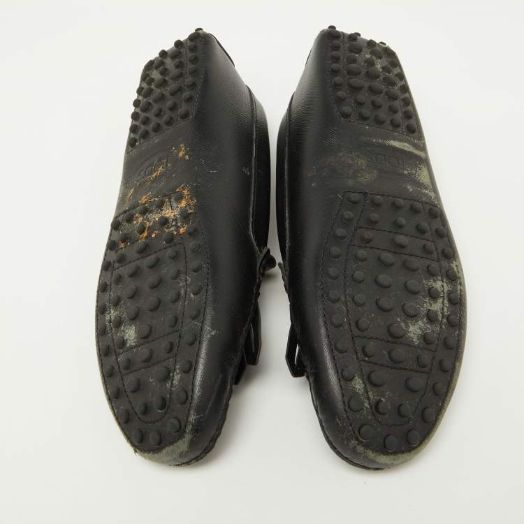 Pre Owned Tod's Black Leather Fringe Detail Slip On Loafers Size 39 