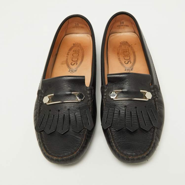 Pre Owned Tod's Black Leather Fringe Detail Slip On Loafers Size 39 