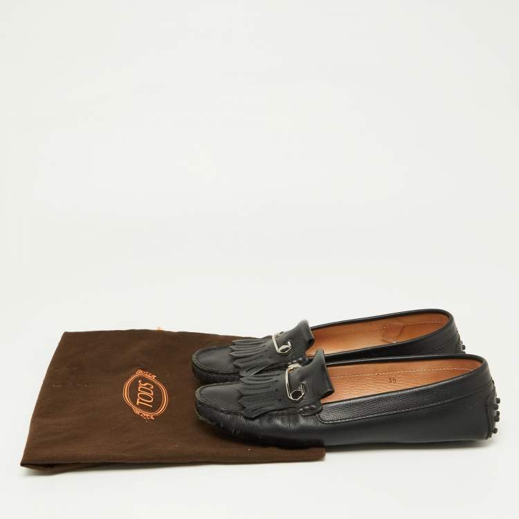 Pre Owned Tod's Black Leather Fringe Detail Slip On Loafers Size 39 