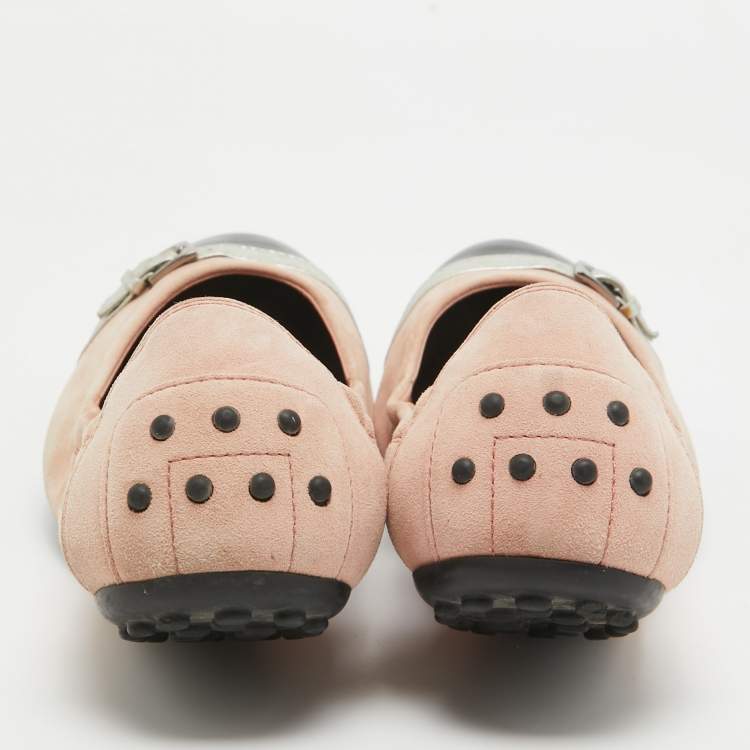 Pre Owned Tod's Pink Suede and Patent Leather Buckle Detail Scrunch Ballet Flats Size 39.5