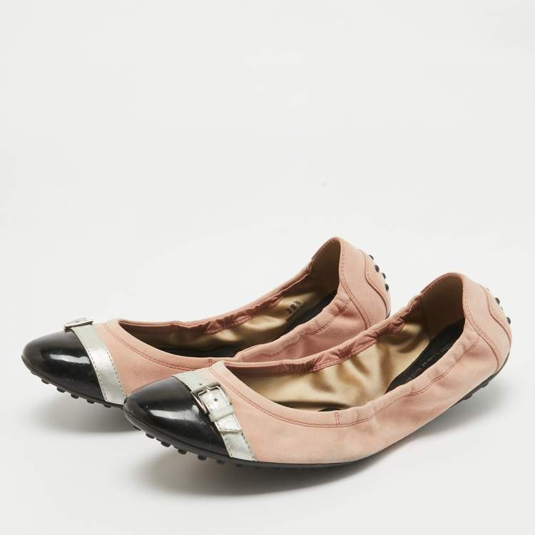 Pre Owned Tod's Pink Suede and Patent Leather Buckle Detail Scrunch Ballet Flats Size 39.5