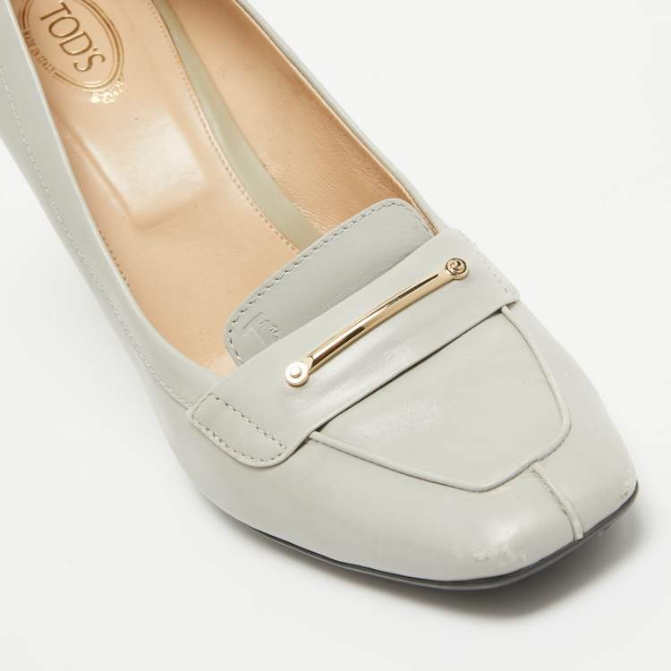 Pre Owned Tod's Grey Leather Block Heel Loafer Pumps Size 41