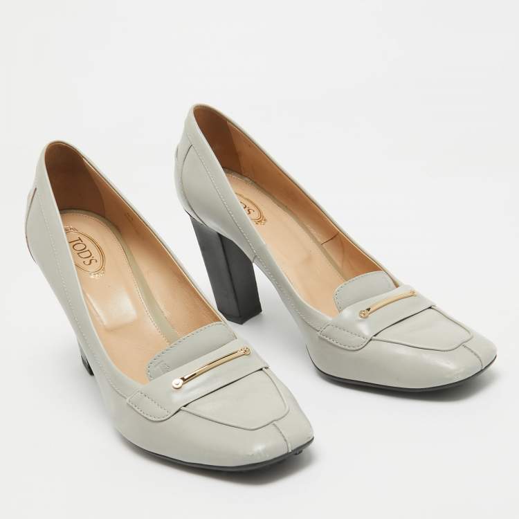 Pre Owned Tod's Grey Leather Block Heel Loafer Pumps Size 41