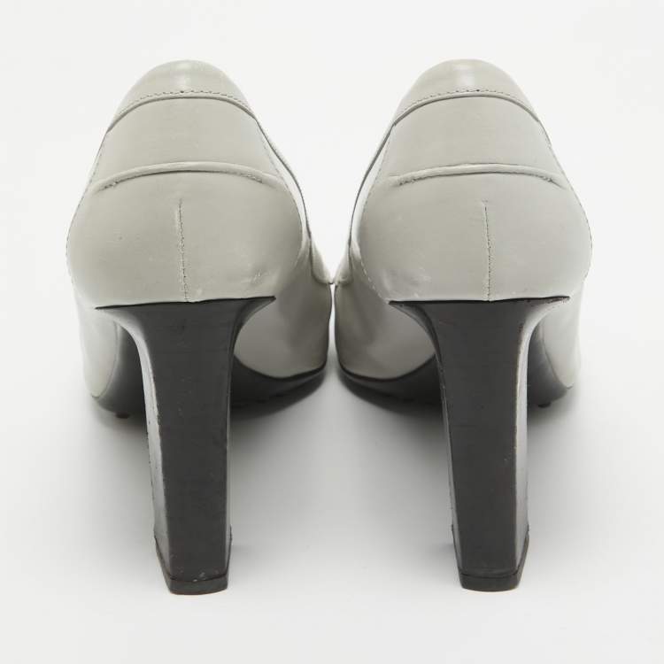 Pre Owned Tod's Grey Leather Block Heel Loafer Pumps Size 41