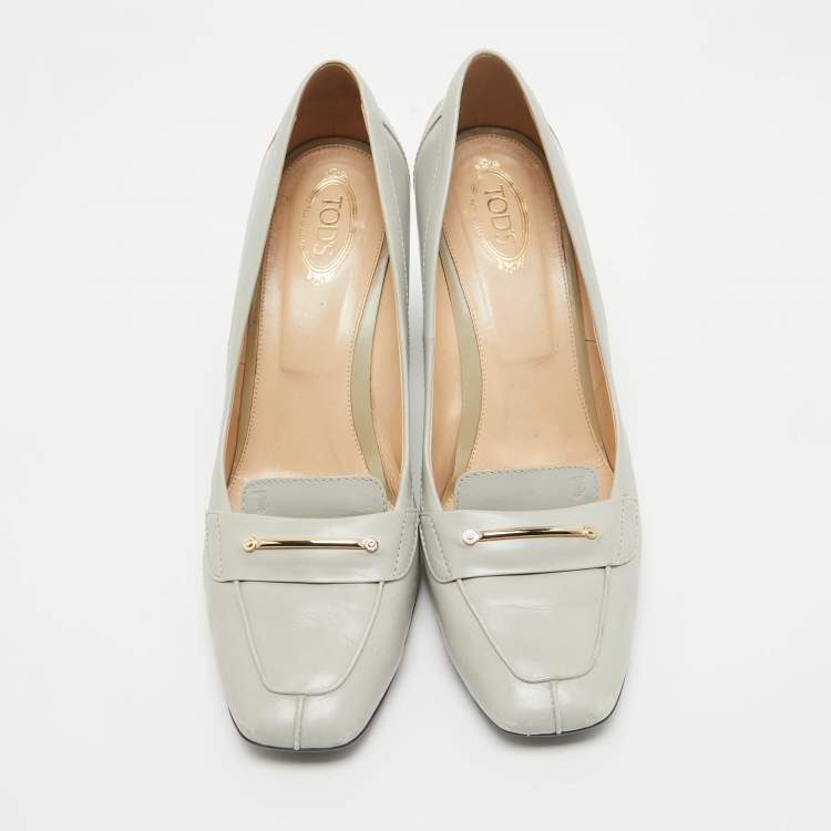 Pre Owned Tod's Grey Leather Block Heel Loafer Pumps Size 41