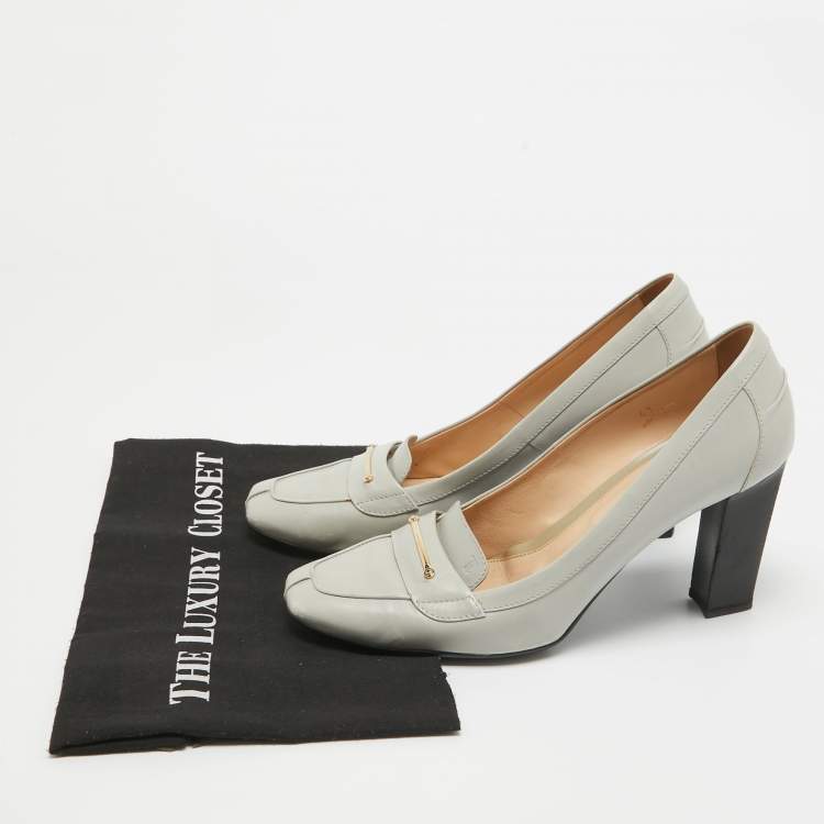 Pre Owned Tod's Grey Leather Block Heel Loafer Pumps Size 41