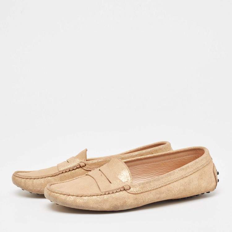 Pre Owned Tod's Gold Glitter Suede Penny Loafers Size 41