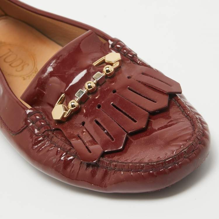 Pre Owned Tod's Brown Patent Leather Safety Pin Fringe Detail Loafers Size 41