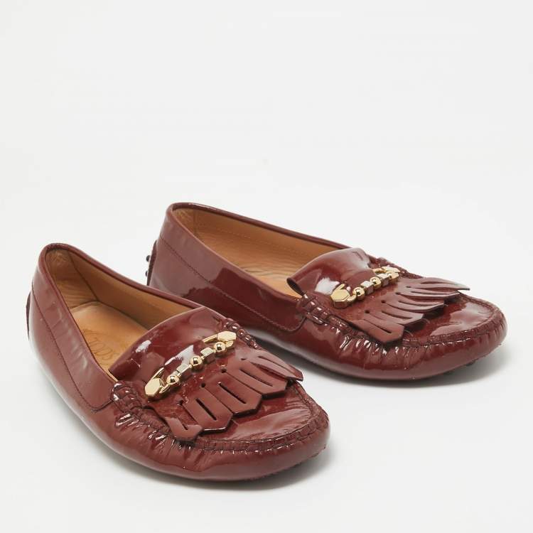 Pre Owned Tod's Brown Patent Leather Safety Pin Fringe Detail Loafers Size 41