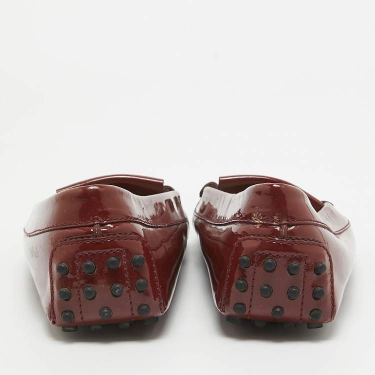 Pre Owned Tod's Brown Patent Leather Safety Pin Fringe Detail Loafers Size 41