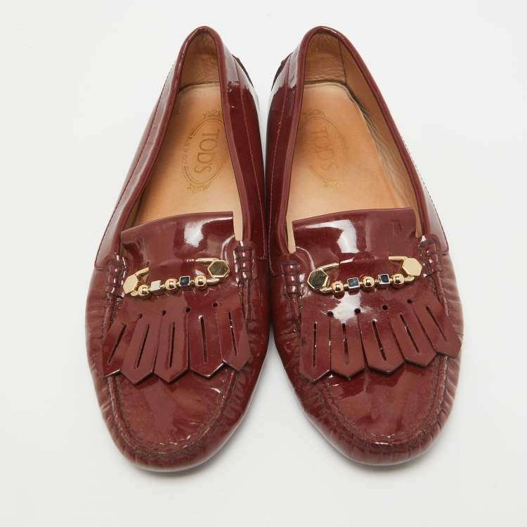 Pre Owned Tod's Brown Patent Leather Safety Pin Fringe Detail Loafers Size 41