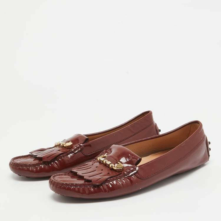 Pre Owned Tod's Brown Patent Leather Safety Pin Fringe Detail Loafers Size 41