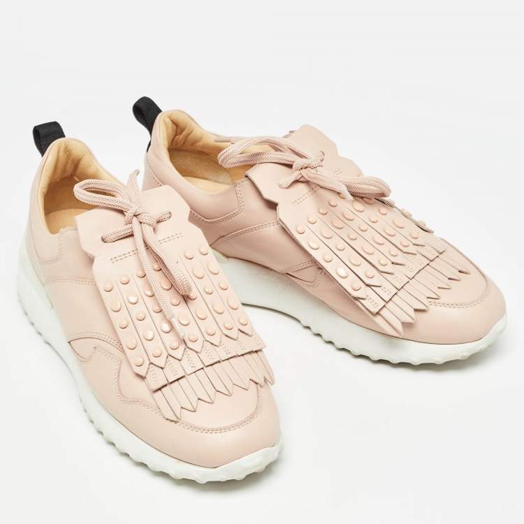Pre Owned Tod's Pink Leather Fringe Details Low Top Sneakers Size 37