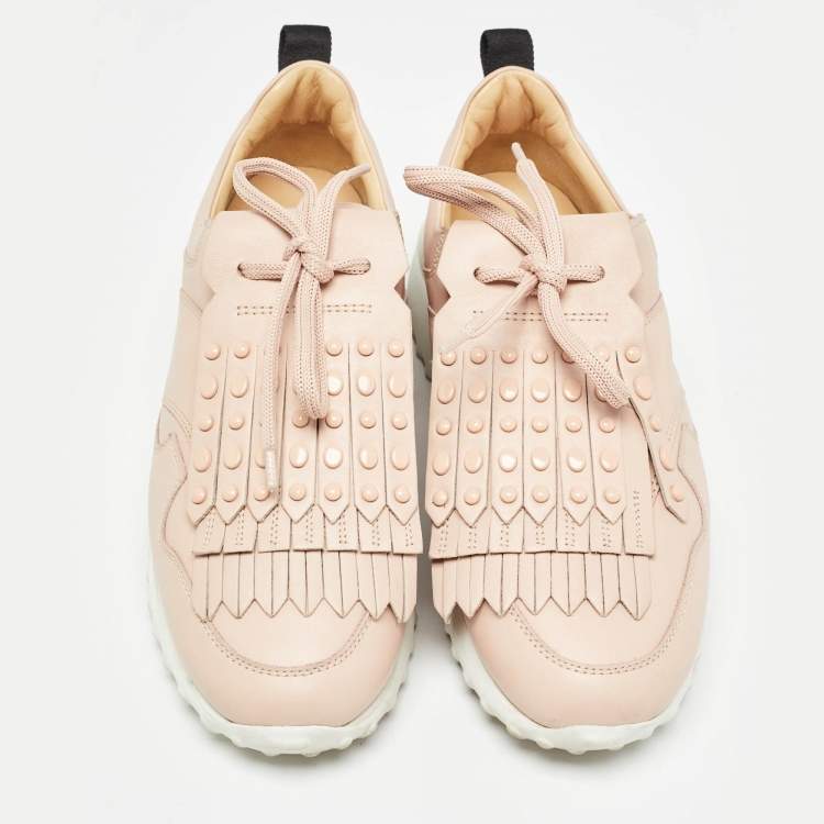 Pre Owned Tod's Pink Leather Fringe Details Low Top Sneakers Size 37