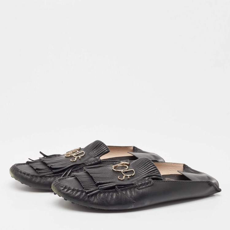 Pre Owned Tod's Black Leather Gommino  Tassel Trim Mules Size 40