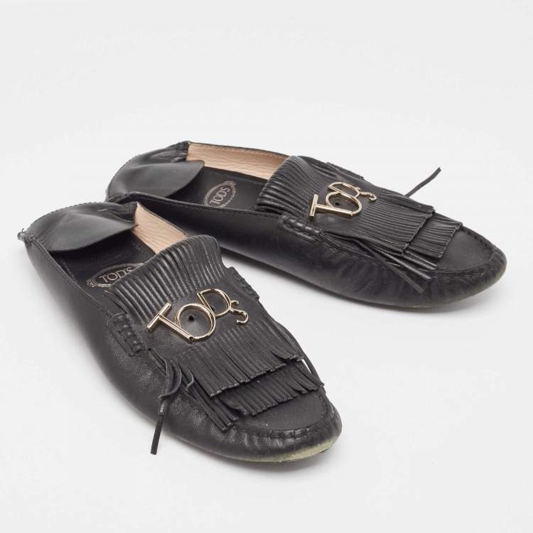 Pre Owned Tod's Black Leather Gommino  Tassel Trim Mules Size 40
