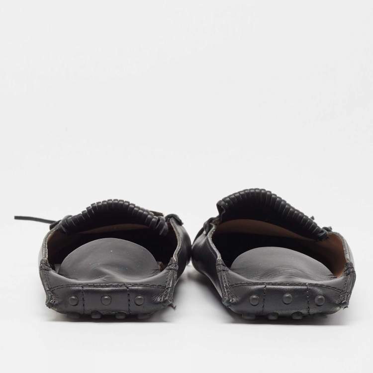 Pre Owned Tod's Black Leather Gommino  Tassel Trim Mules Size 40