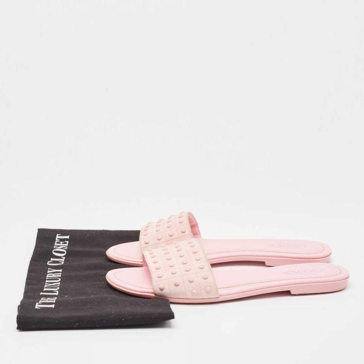 Pre Owned Tod's Pink Suede Studded Flat Slides Size 38.5