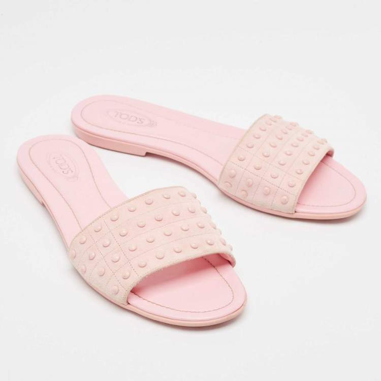Pre Owned Tod's Pink Suede Studded Flat Slides Size 38.5