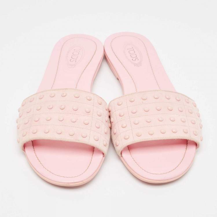Pre Owned Tod's Pink Suede Studded Flat Slides Size 38.5