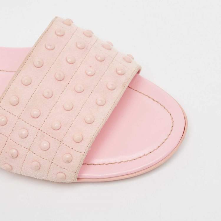 Pre Owned Tod's Pink Suede Studded Flat Slides Size 38.5