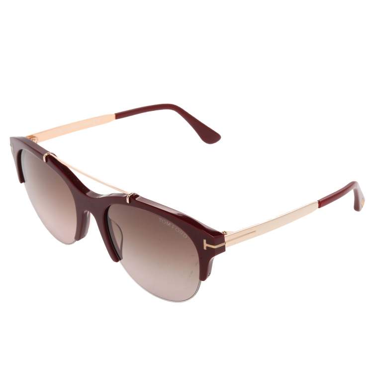 Pre Owned Tom Ford Maroon/Grey Gradient Adrenne Semi Rimless Sunglasses