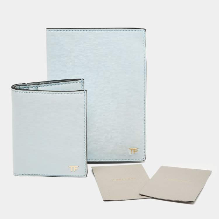 Pre Owned Tom Ford Light Turquoise Leather TF Passport Holder and Card Case Set 