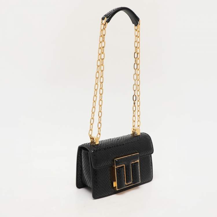 Pre Owned Tom Ford Black Python Embossed Leather  T-clasp Shoulder Bag