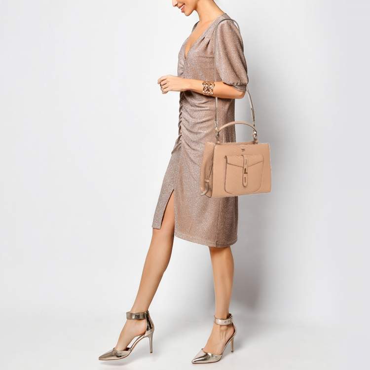 Pre Owned Tom Ford Beige Python Small T Twist Top Handle Bag