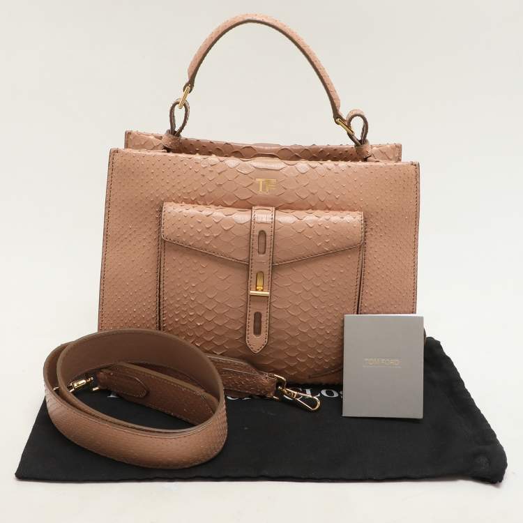 Pre Owned Tom Ford Beige Python Small T Twist Top Handle Bag