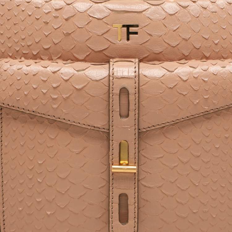 Pre Owned Tom Ford Beige Python Small T Twist Top Handle Bag